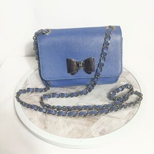 Genuine Leather Blue Bow Accent Chain Strap Crossbody Shoulder Bag Italy
